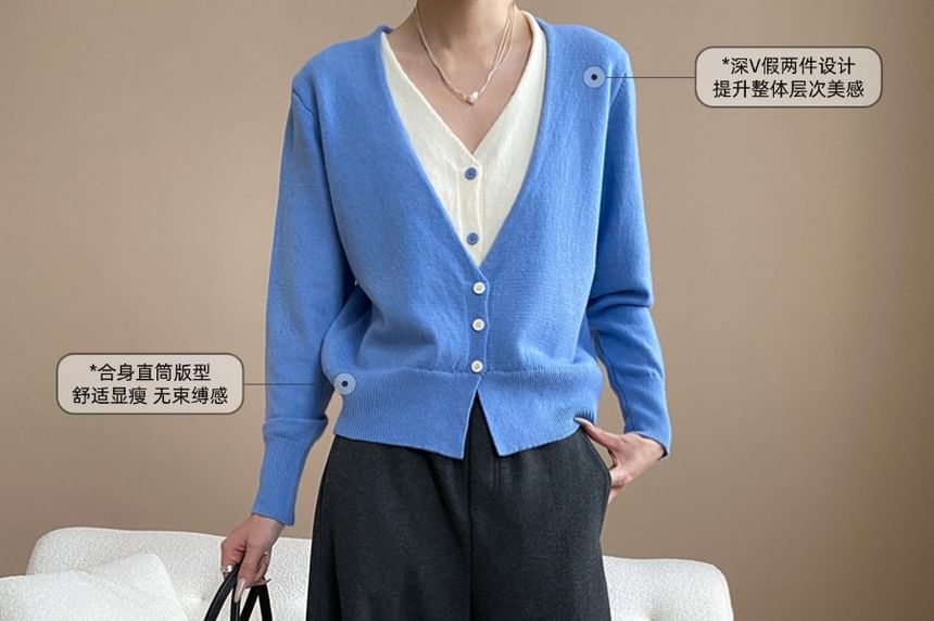 Two-Tone V-Neck Cardigan with Mock Layered Design