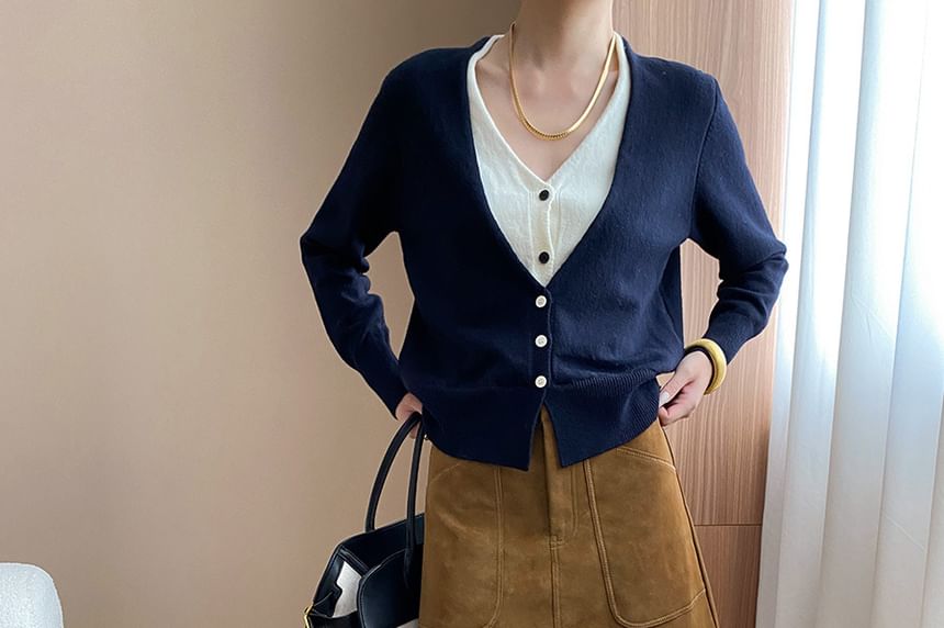 Two-Tone V-Neck Cardigan with Mock Layered Design