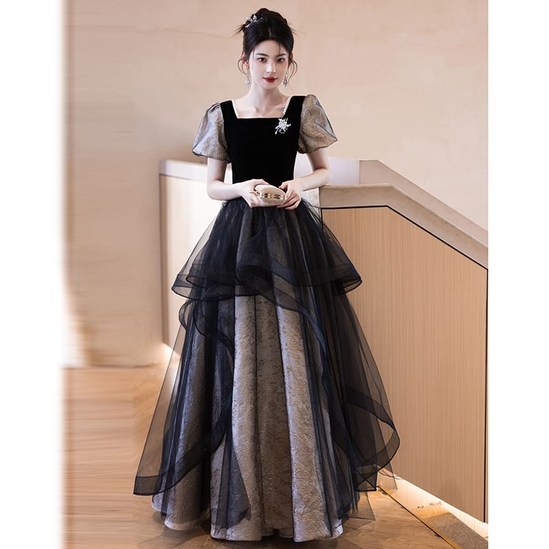 Square Neck Faux Pearl Trim Panel Mesh Overlay Jacquard A-Line Evening Gown (Various Designs)