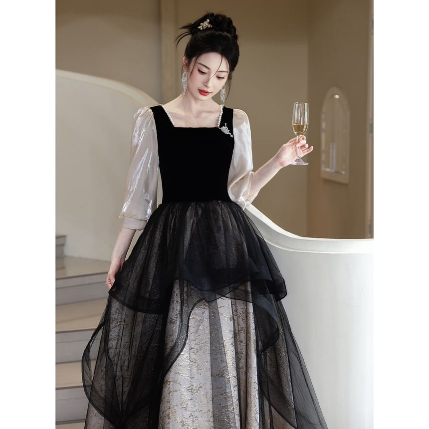 Panel Gown Designs) Evening Neck Overlay Trim Jacquard A-Line Pearl Square Faux (Various Mesh