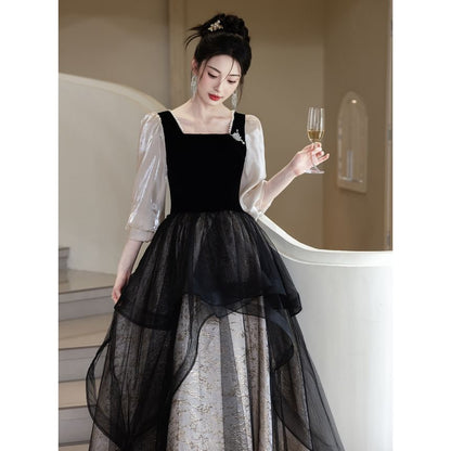 Square Neck Faux Pearl Trim Panel Mesh Overlay Jacquard A-Line Evening Gown (Various Designs)