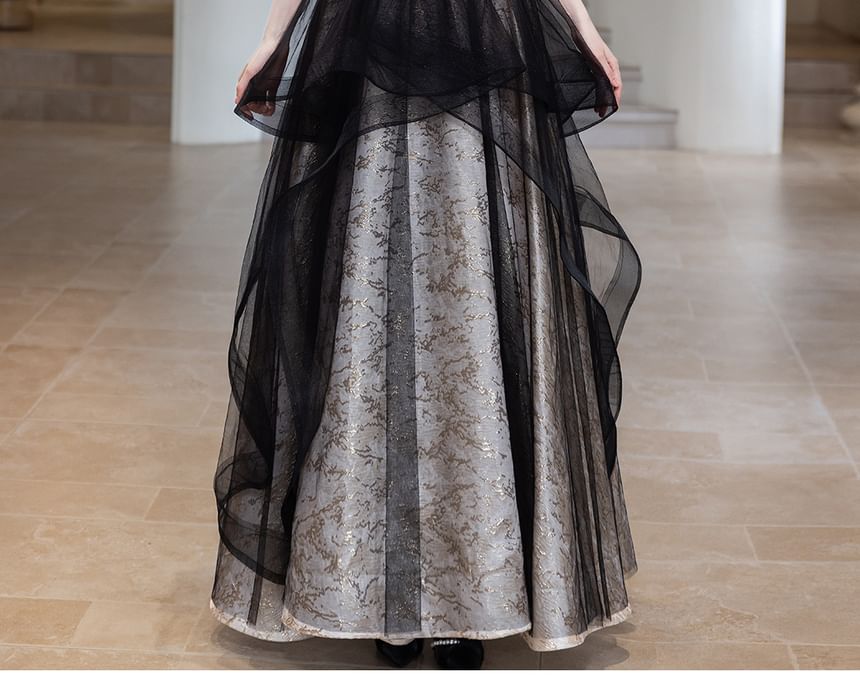Square Neck Faux Pearl Trim Panel Mesh Overlay Jacquard A-Line Evening Gown (Various Designs)