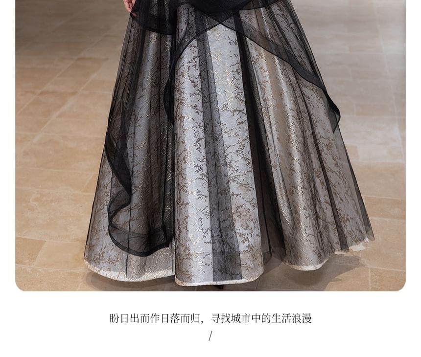 Panel Gown Designs) Evening Neck Overlay Trim Jacquard A-Line Pearl Square Faux (Various Mesh