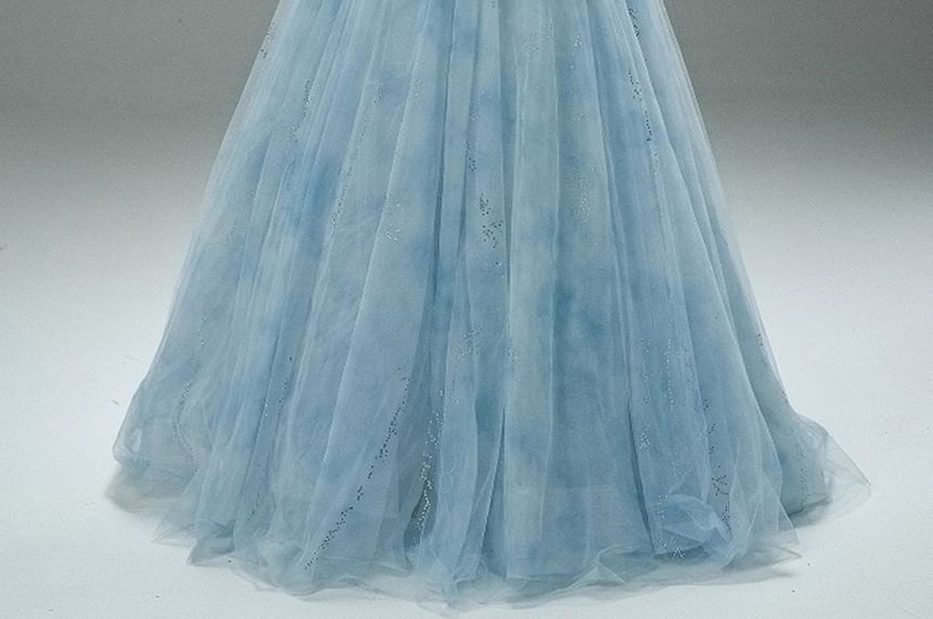 Tie Dye Beaded Ruched Mesh A-Line Tube Evening Gown
