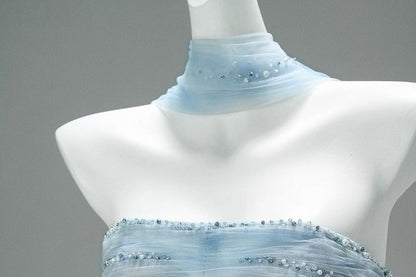 Tie Dye Beaded Ruched Mesh A-Line Tube Evening Gown