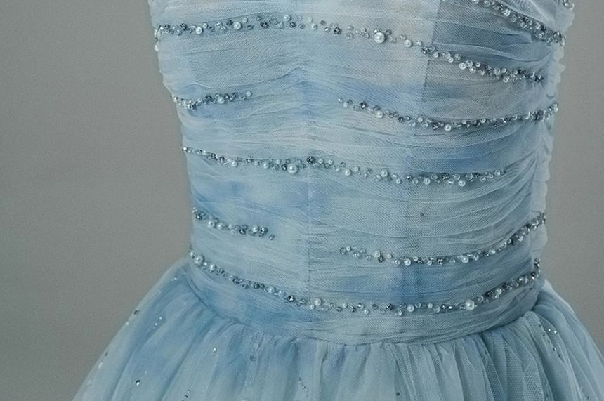 Tie Dye Beaded Ruched Mesh A-Line Tube Evening Gown