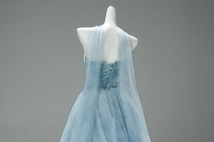 Tie Dye Beaded Ruched Mesh A-Line Tube Evening Gown