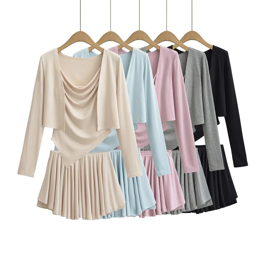 Open Front Crop Cardigan with Cowl Neck Camisole and Mini A-Line Skirt Set