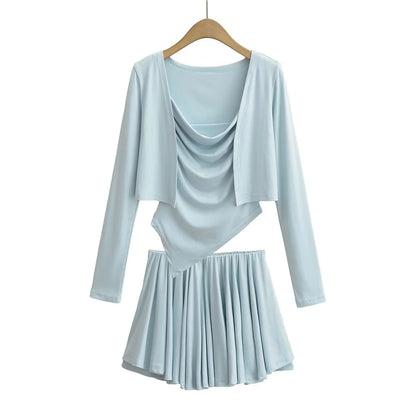 Open Front Crop Cardigan with Cowl Neck Camisole and Mini A-Line Skirt Set