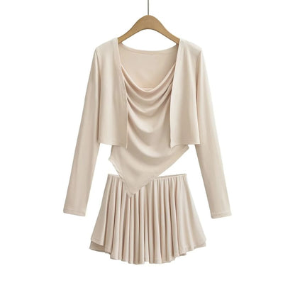 Open Front Crop Cardigan with Cowl Neck Camisole and Mini A-Line Skirt Set