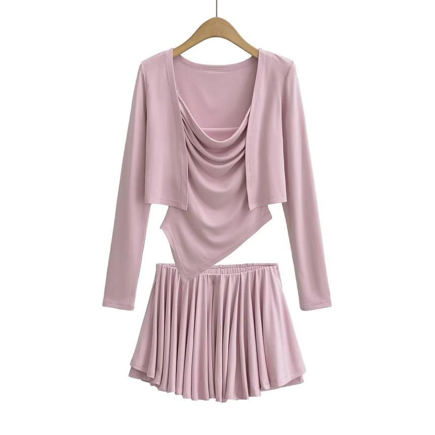 Open Front Crop Cardigan with Cowl Neck Camisole and Mini A-Line Skirt Set