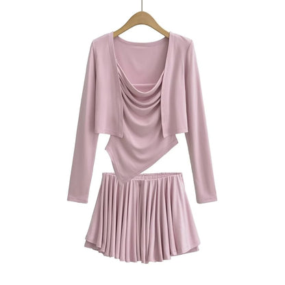 Open Front Crop Cardigan with Cowl Neck Camisole and Mini A-Line Skirt Set