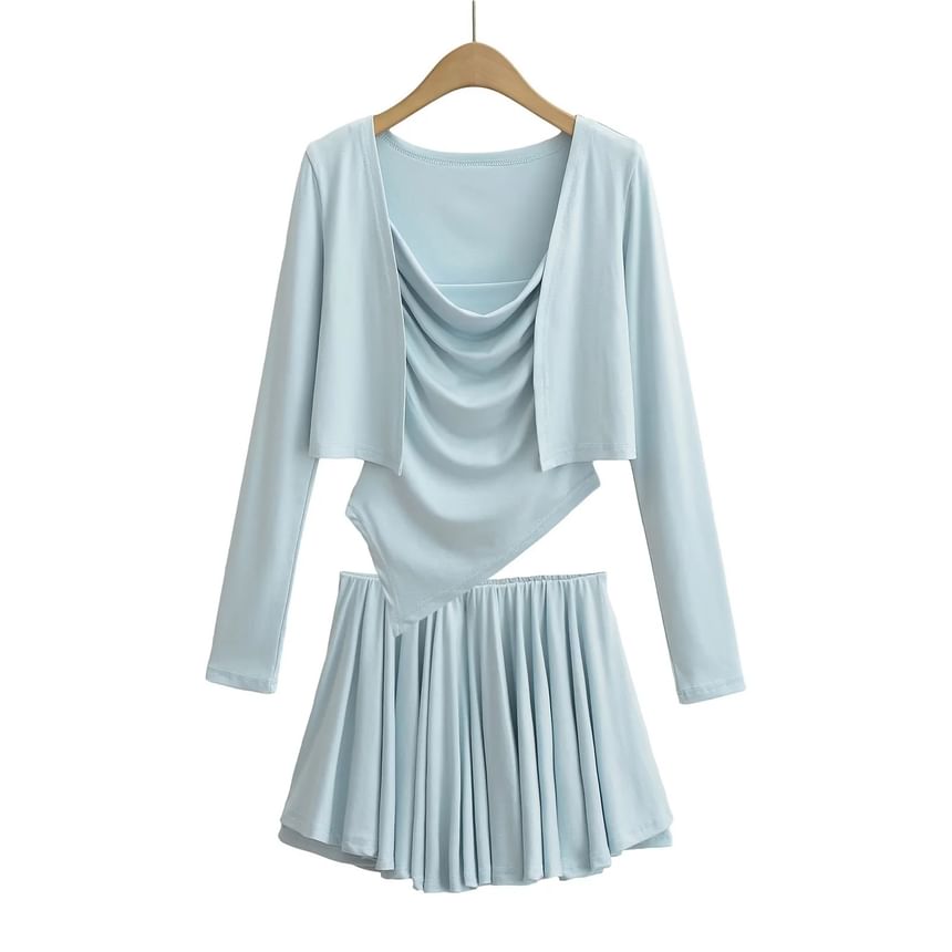 Open Front Crop Cardigan with Cowl Neck Camisole and Mini A-Line Skirt Set