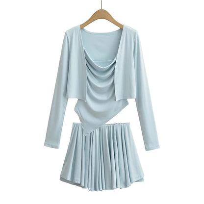 Open Front Crop Cardigan with Cowl Neck Camisole and Mini A-Line Skirt Set