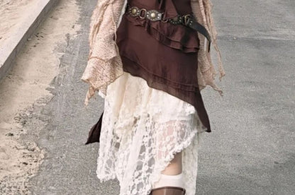 Ruffle Asymmetrical Mini Dress, Tie-Front Cardigan & Lace Midi Skirt
