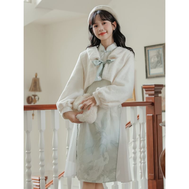 Long Sleeve Mandarin Collar Floral Print Panel Midi A-Line Dress / Collared Plain Fluffy Crop Tie Front Jacket