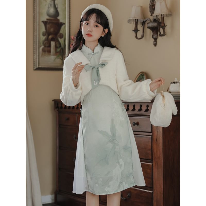 Long Sleeve Mandarin Collar Floral Print Panel Midi A-Line Dress / Collared Plain Fluffy Crop Tie Front Jacket