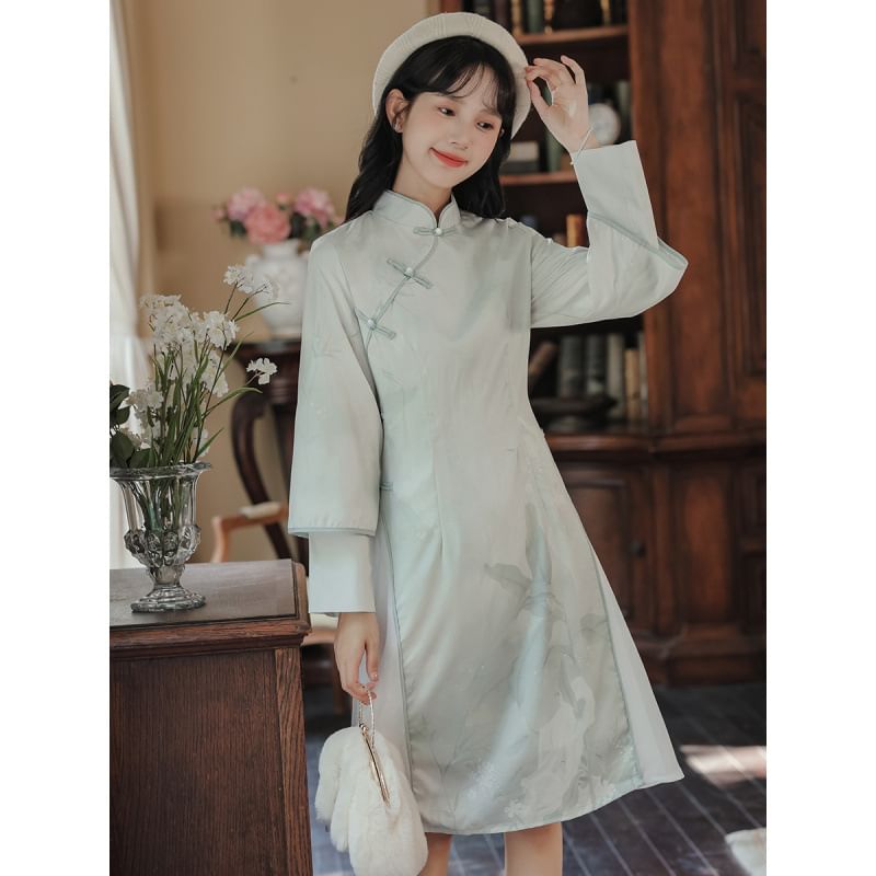 Long Sleeve Mandarin Collar Floral Print Panel Midi A-Line Dress / Collared Plain Fluffy Crop Tie Front Jacket