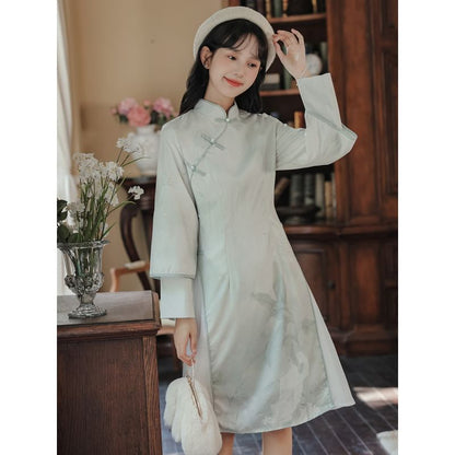 Long Sleeve Mandarin Collar Floral Print Panel Midi A-Line Dress / Collared Plain Fluffy Crop Tie Front Jacket