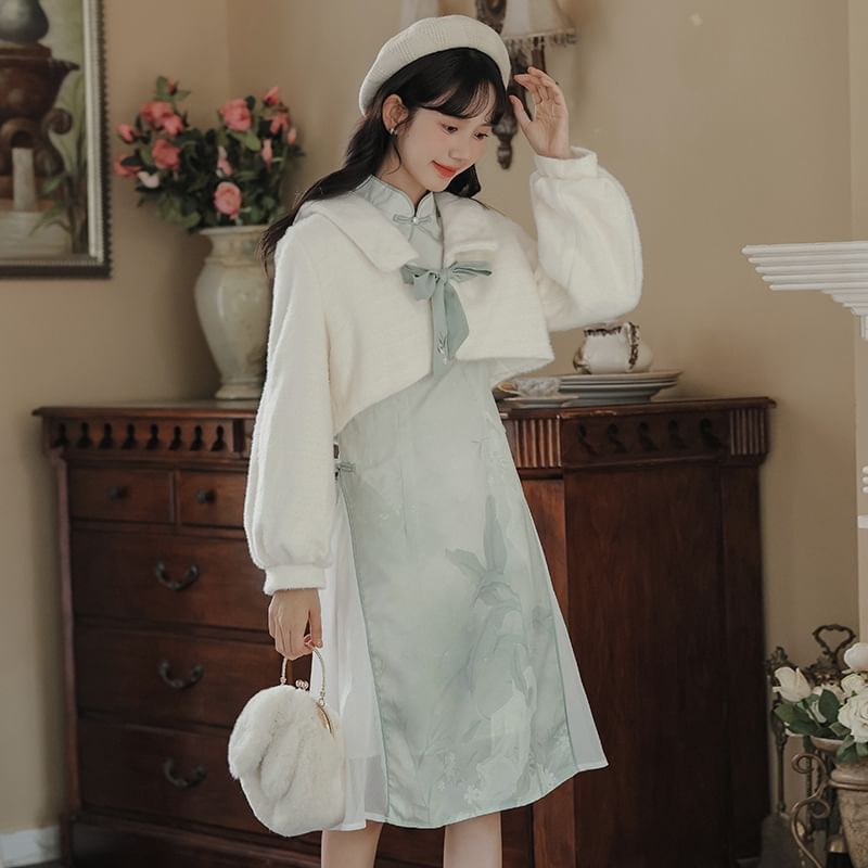 Long Sleeve Mandarin Collar Floral Print Panel Midi A-Line Dress / Collared Plain Fluffy Crop Tie Front Jacket