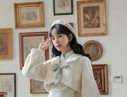 Long Sleeve Mandarin Collar Floral Print Panel Midi A-Line Dress / Collared Plain Fluffy Crop Tie Front Jacket