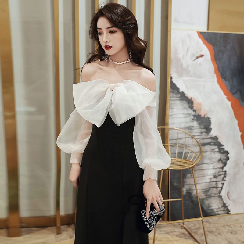 Long-Sleeve Off-Shoulder Two Tone Bow Slit A-Line Evening Dress (Various Designs)