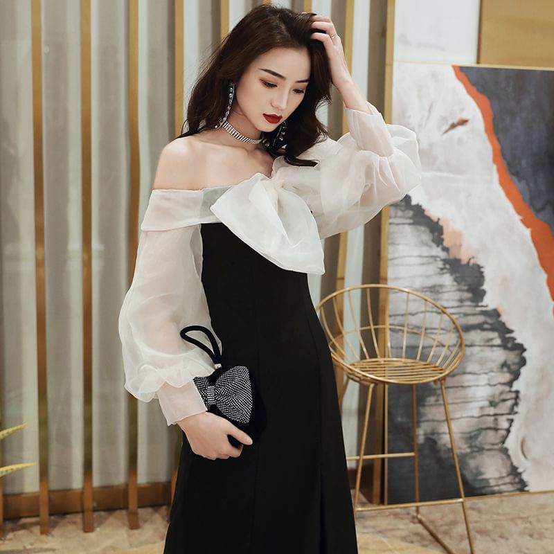 Long-Sleeve Off-Shoulder Two Tone Bow Slit A-Line Evening Dress (Various Designs)