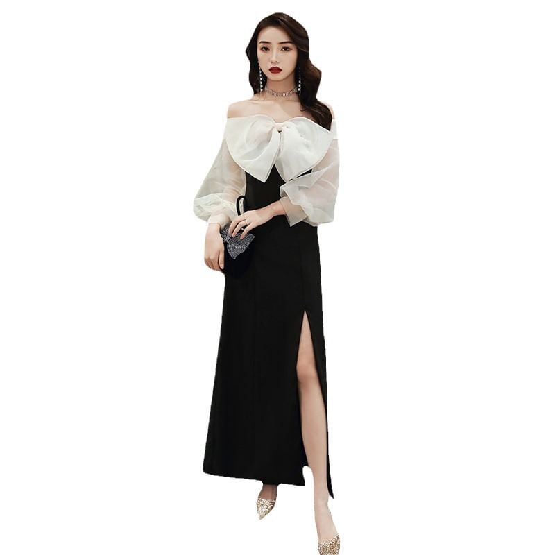 Long-Sleeve Off-Shoulder Two Tone Bow Slit A-Line Evening Dress (Various Designs)