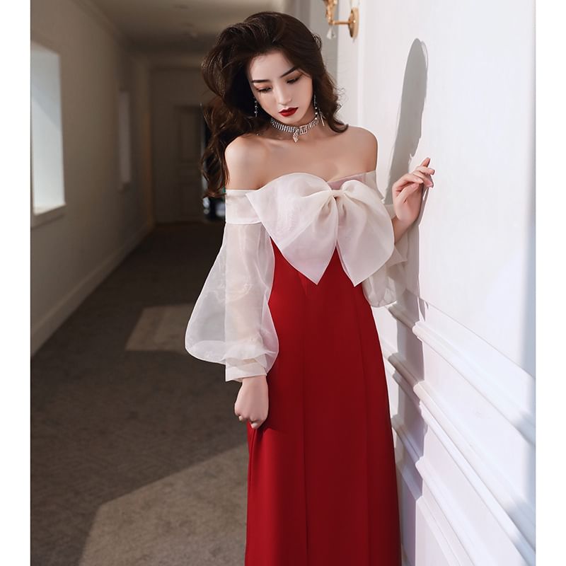 Long-Sleeve Off-Shoulder Two Tone Bow Slit A-Line Evening Dress (Various Designs)