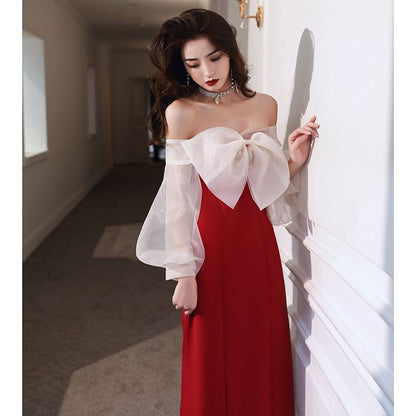 Long-Sleeve Off-Shoulder Two Tone Bow Slit A-Line Evening Dress (Various Designs)