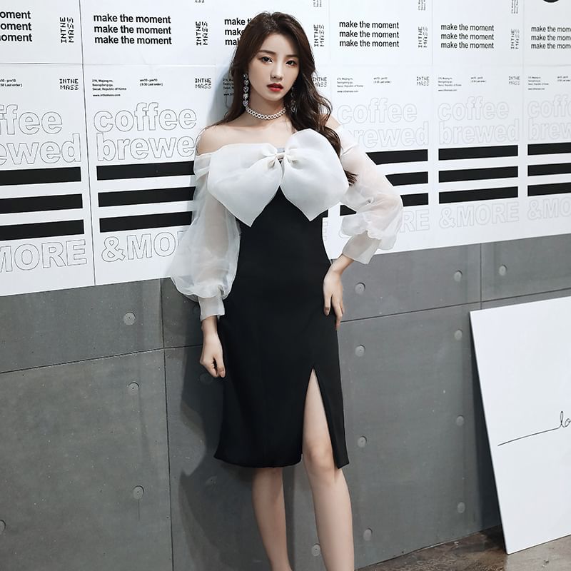 Long-Sleeve Off-Shoulder Two Tone Bow Slit A-Line Evening Dress (Various Designs)