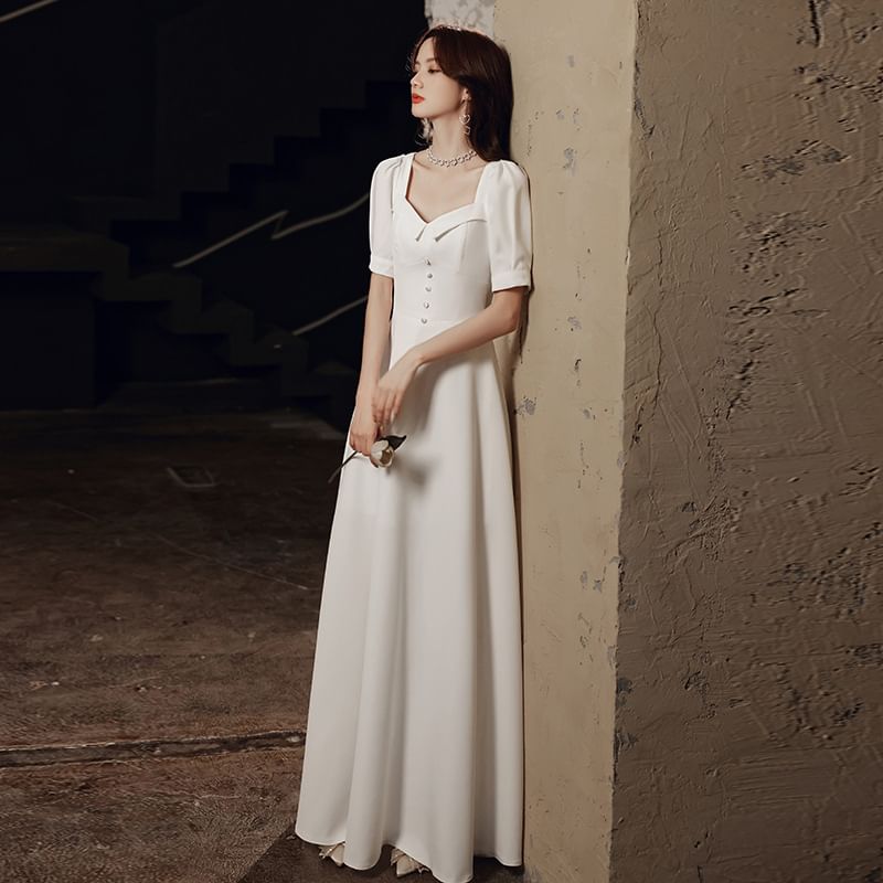 Short-Sleeve / Sleeveless Plain Maxi A-Line Wedding Dress
