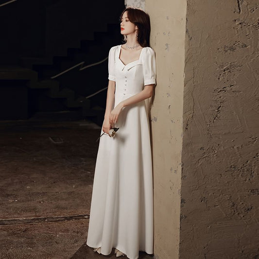 Short-Sleeve / Sleeveless Plain Maxi A-Line Wedding Dress