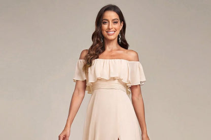 Evening Ruffle Trim Off Slit Plain Shoulder A-Line Gown