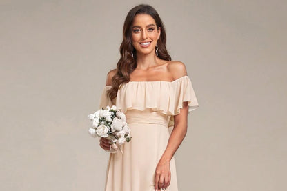 Off Shoulder Plain Ruffle Trim Slit A-Line Evening Gown