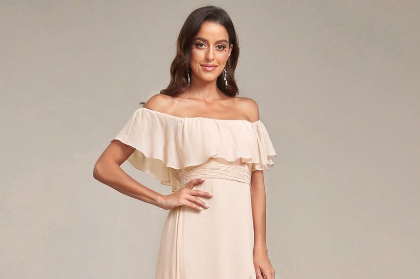 Off Shoulder Plain Ruffle Trim Slit A-Line Evening Gown
