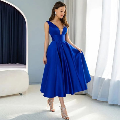 Sleeveless V-Neck Plain Midi Cocktail Dress