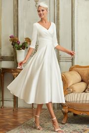Elbow-Sleeve V-Neck Plain Cocktail Dress