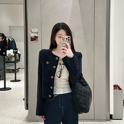 Round Neck Tweed Button Jacket