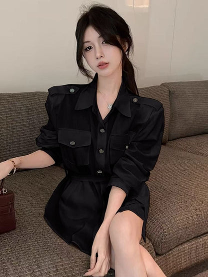 Set: Buttoned Collar Solid Blouse & Matching Belt, Long Sleeves