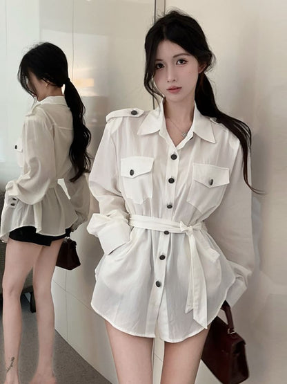 Set: Buttoned Collar Solid Blouse & Matching Belt, Long Sleeves