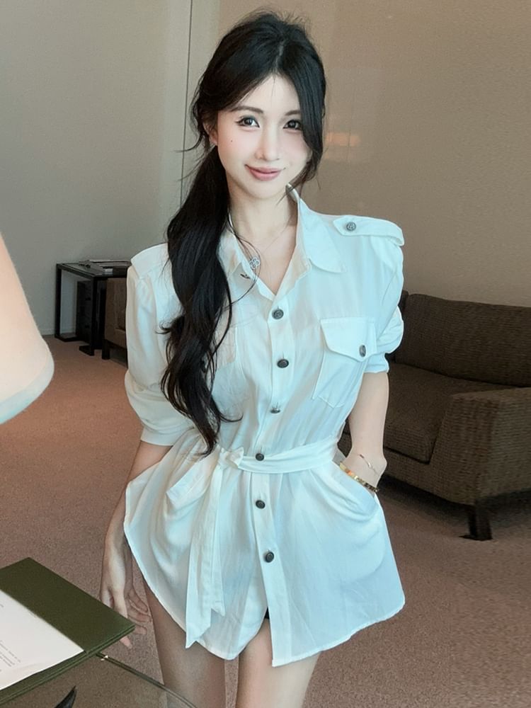 Set: Buttoned Collar Solid Blouse & Matching Belt, Long Sleeves