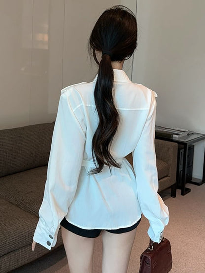 Set: Buttoned Collar Solid Blouse & Matching Belt, Long Sleeves