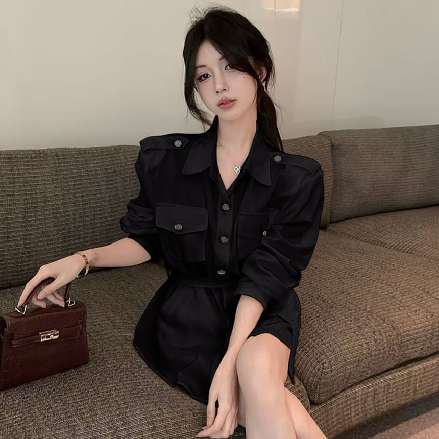 Set: Buttoned Collar Solid Blouse & Matching Belt, Long Sleeves
