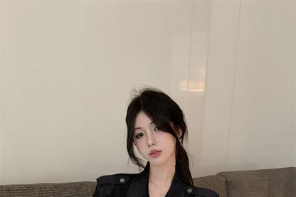 Set: Buttoned Collar Solid Blouse & Matching Belt, Long Sleeves