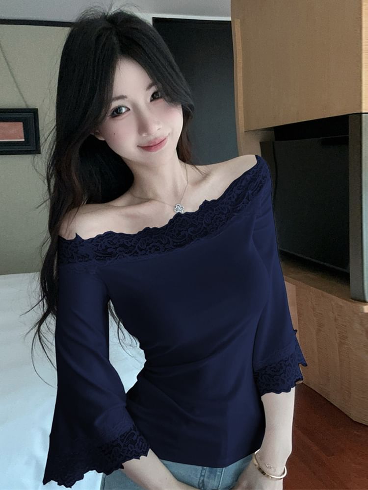 Lace Panel Off-Shoulder Slim Top with 3/4 Sleeves