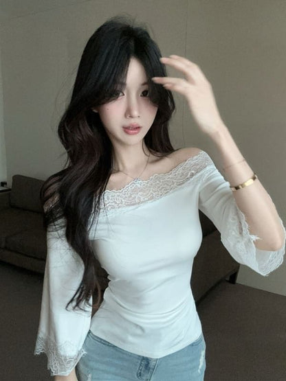 Lace Panel Off-Shoulder Slim Top with 3/4 Sleeves