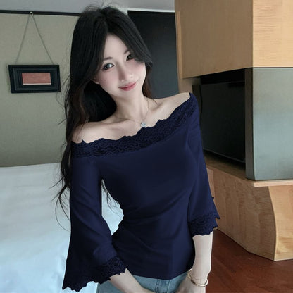 Lace Panel Off-Shoulder Slim Top with 3/4 Sleeves