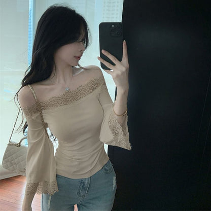 Lace Panel Off-Shoulder Slim Top with 3/4 Sleeves