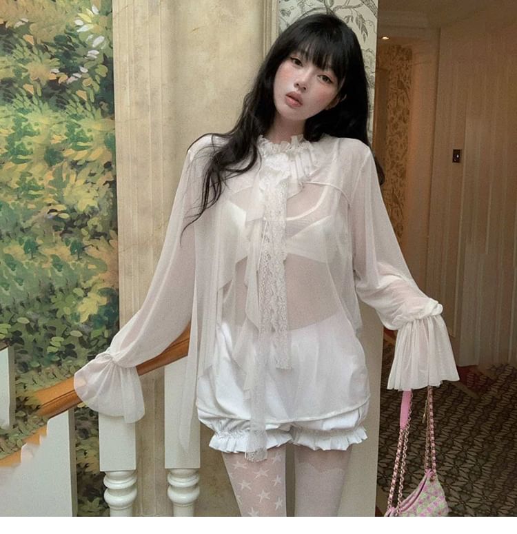 Mock-Neck Flared-Sleeve Lace-Trim Sheer Ruffle Blouse